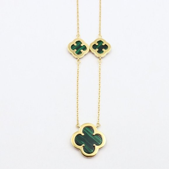 New RACHEL ZOE 18K Gold Silver Malachite Three Clover Cubic Zirconia Necklace - Picture 4 of 12